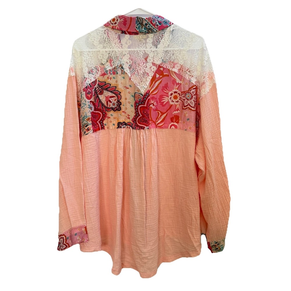 POL Patchwork Floral Trim Long Sleeve Women's Gauze Button Up‎ Shirt Size M - Picture 7 of 16